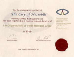 Сертификат на Несебър за 2015 г от Организацията на градовете световно наследство